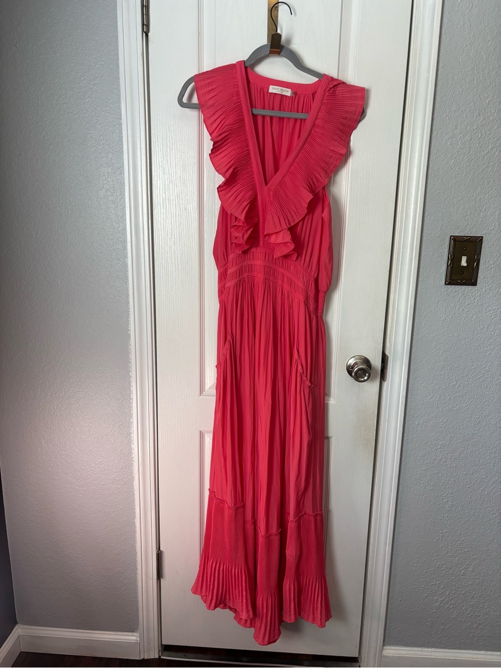 Ramy Brook Coral-Pink Ruffle V-Neck Maxi Dress
